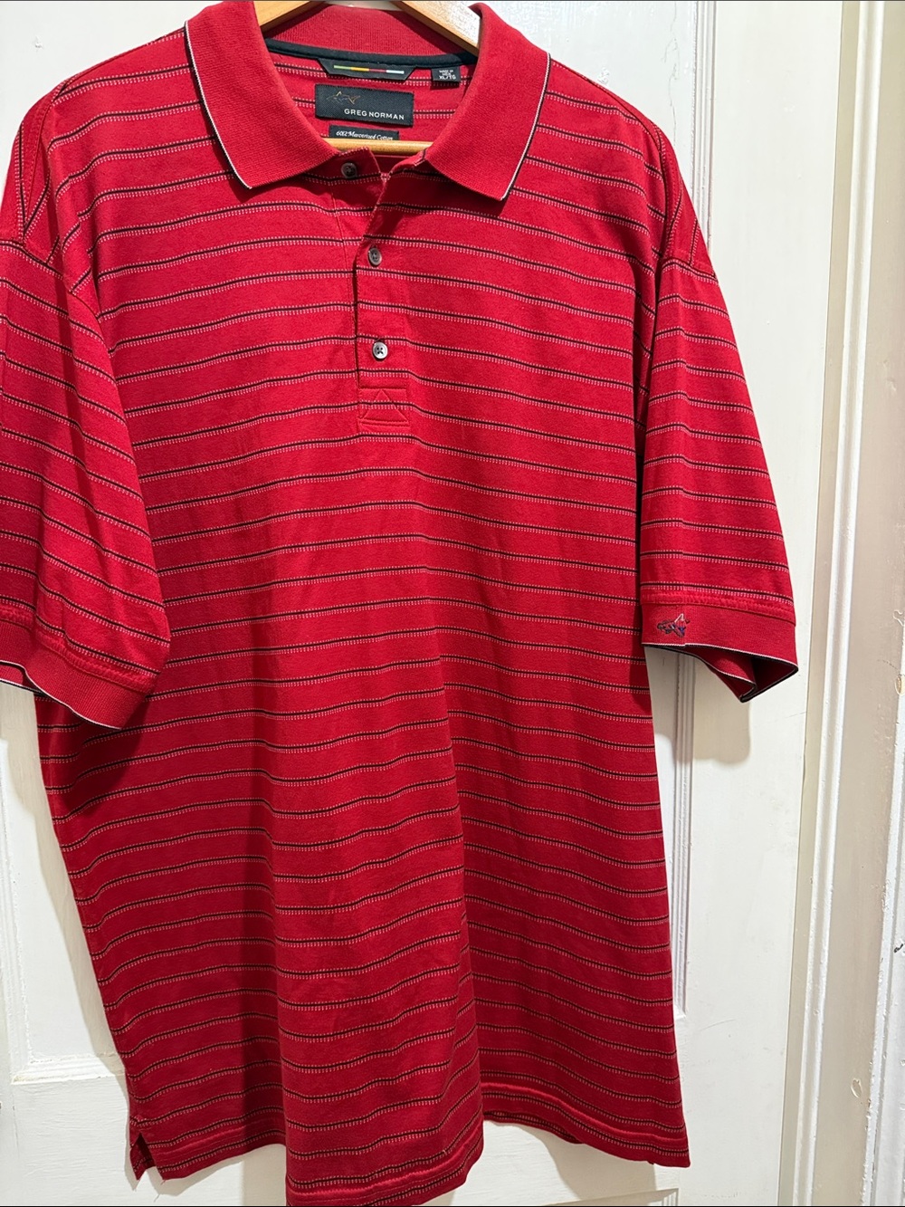 Greg Norman Collection Red Polo with Thin Black Stripes